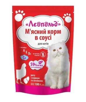 М'ясний корм для котів Леопольд Рагу з куркою та печінкою в соусі, 100г (4820185491723)