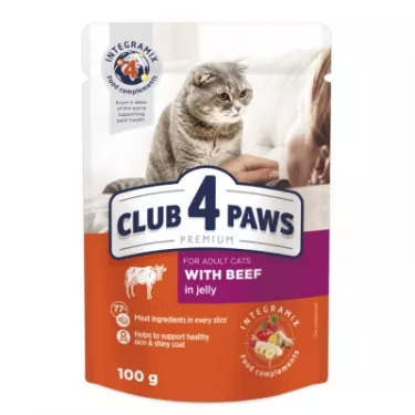 Вологий корм для кішок Club 4 Paws в желе з яловичиною 12x100 г (4820215364409)