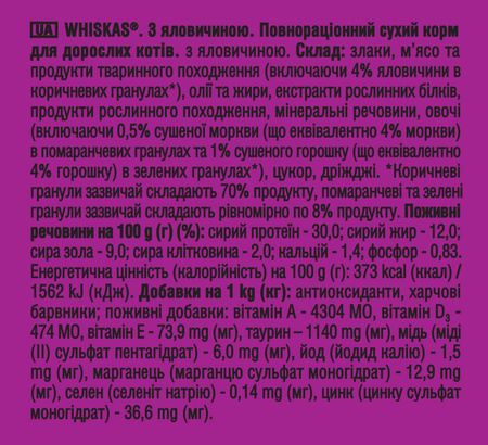 Сухий корм для дорослих кішок Whiskas з яловичиною 2x14кг (5900951014345)