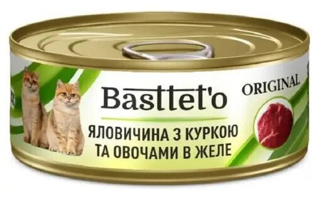 Консерва для дорослих котів Basttet`o Original яловичина з куркою та овочами в желе 24x85 г (4820185492591)